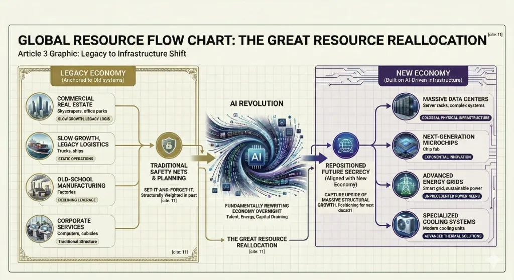 Global resource flow chart shifting from legacy to infrastructure