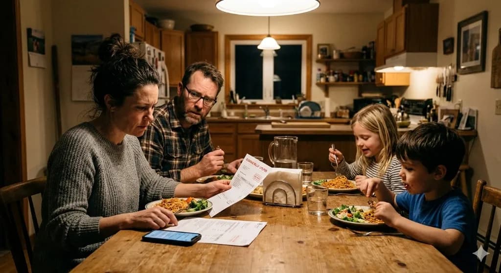 Family looking stressed at dinner table looking at finances