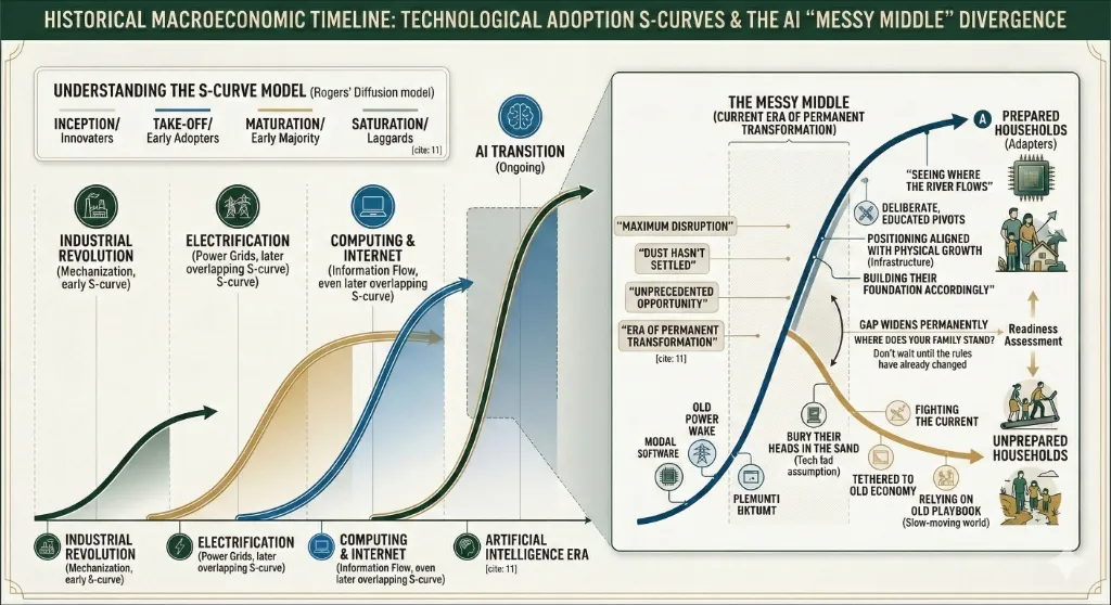 Macroeconomic timeline showing technological adoption curves