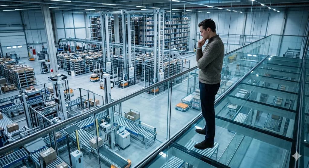 Professional manager observing an automated warehouse facility