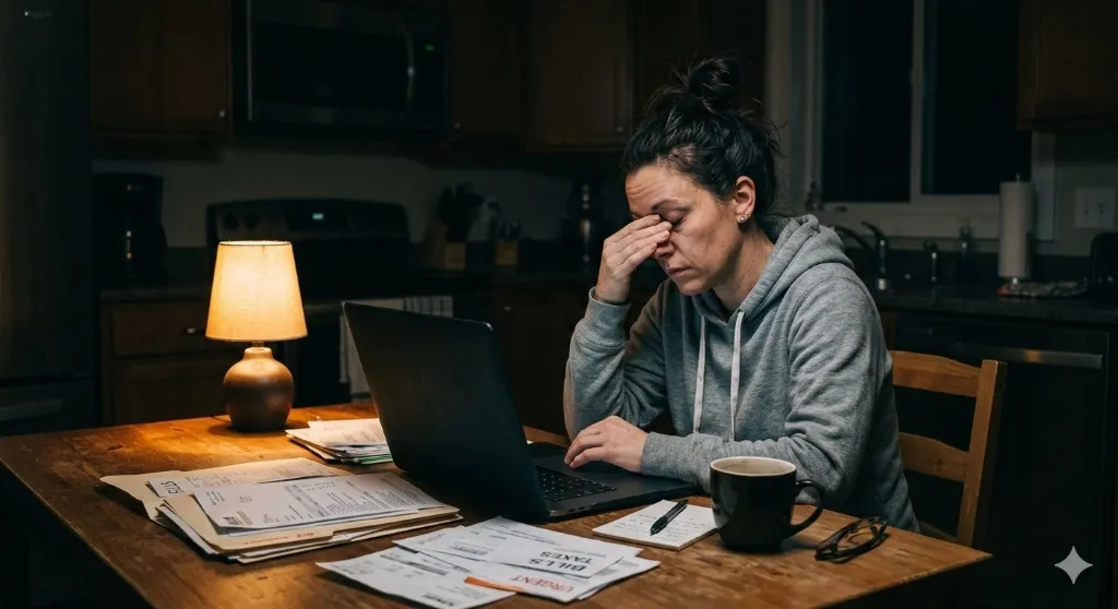Person working late at a laptop looking stressed
