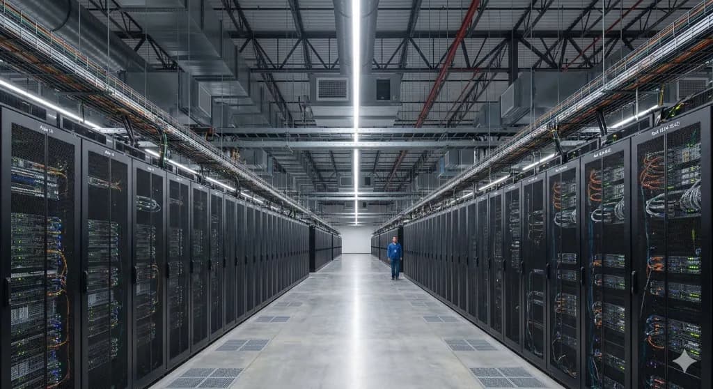 Massive modern data center interior with endless rows of servers